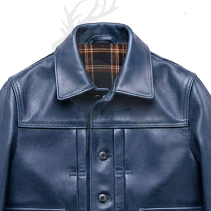 Close up classic collar blue leather jacket button front shirt style premium genuine leather detail