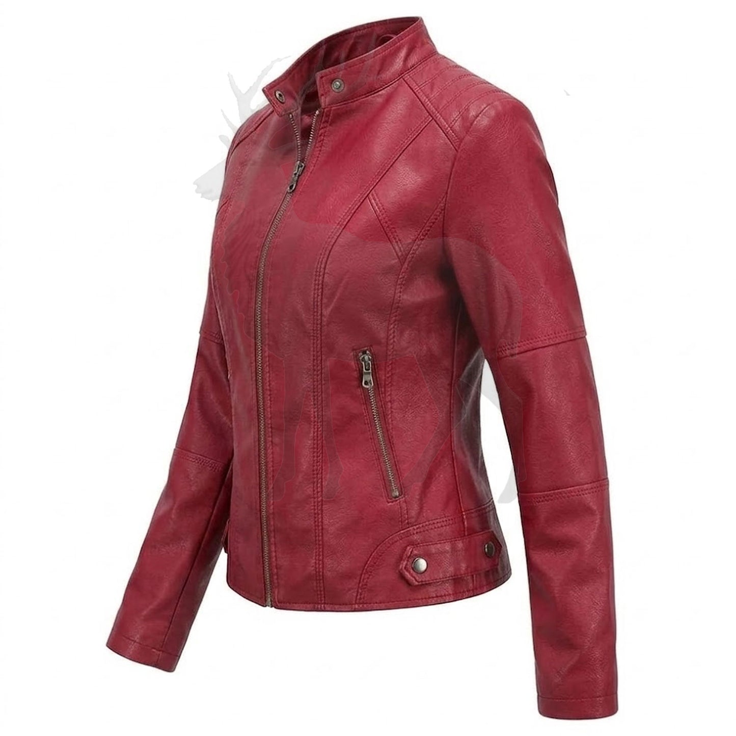 Women’s red leather jacket side view fitted silhouette modern moto style sleek genuine leather fashion jacket