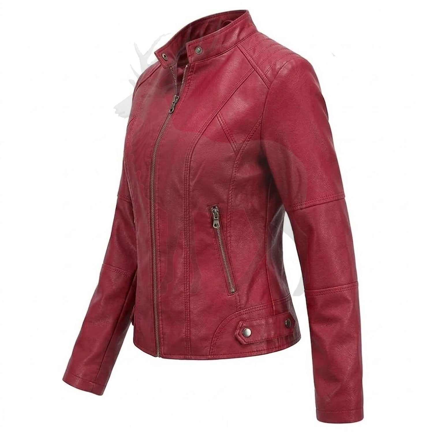 Women’s red leather jacket side view fitted silhouette modern moto style sleek genuine leather fashion jacket