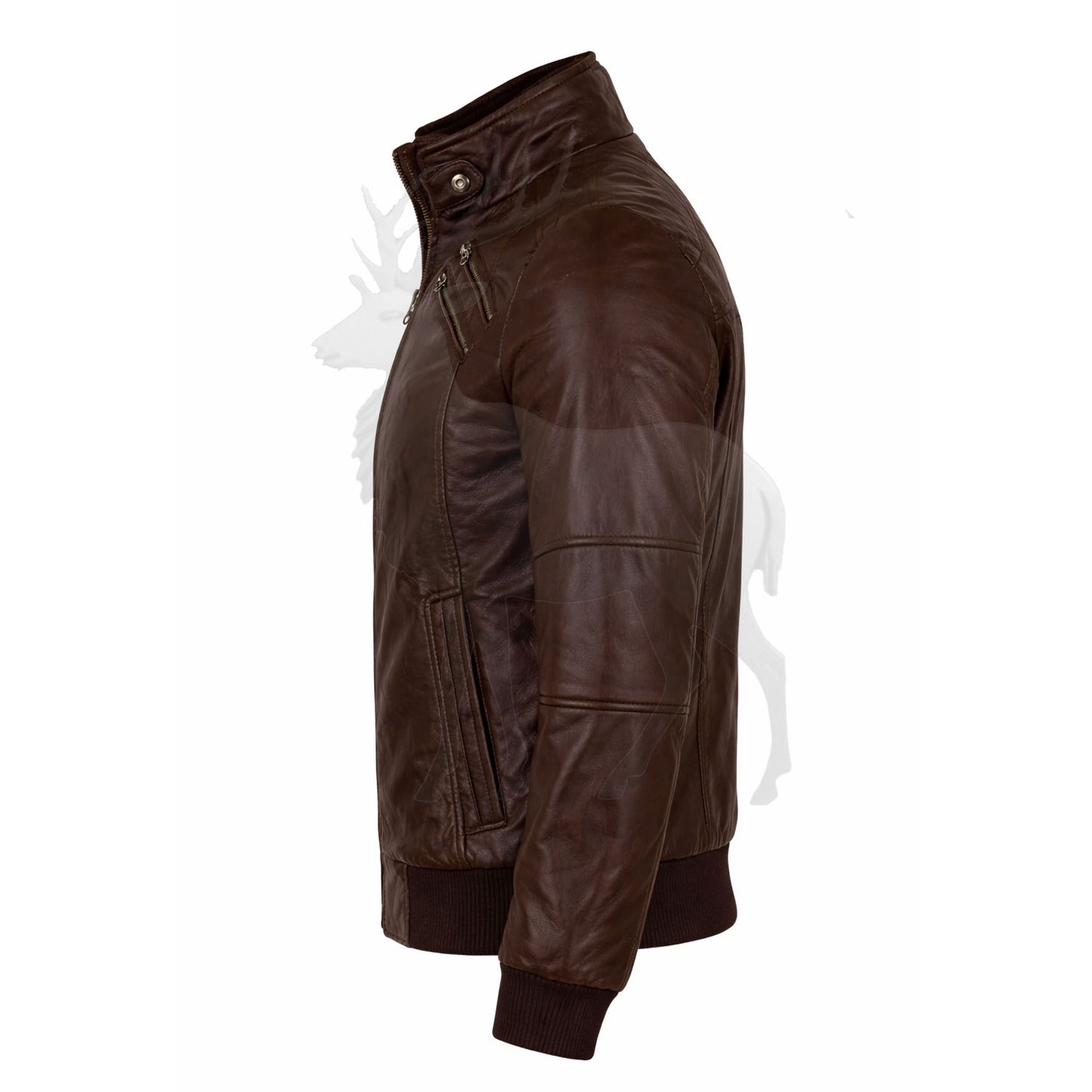 Men’s brown leather bomber jacket side view fitted silhouette ribbed cuffs stylish biker cafe racer fashion jacket
