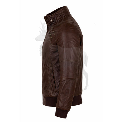 Men’s brown leather bomber jacket side view fitted silhouette ribbed cuffs stylish biker cafe racer fashion jacket