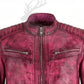 Close up stand collar of red distressed leather biker jacket snap button detail rugged vintage leather texture premium stitching