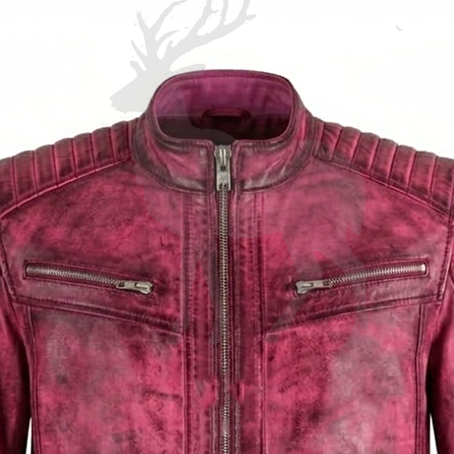 Close up stand collar of red distressed leather biker jacket snap button detail rugged vintage leather texture premium stitching