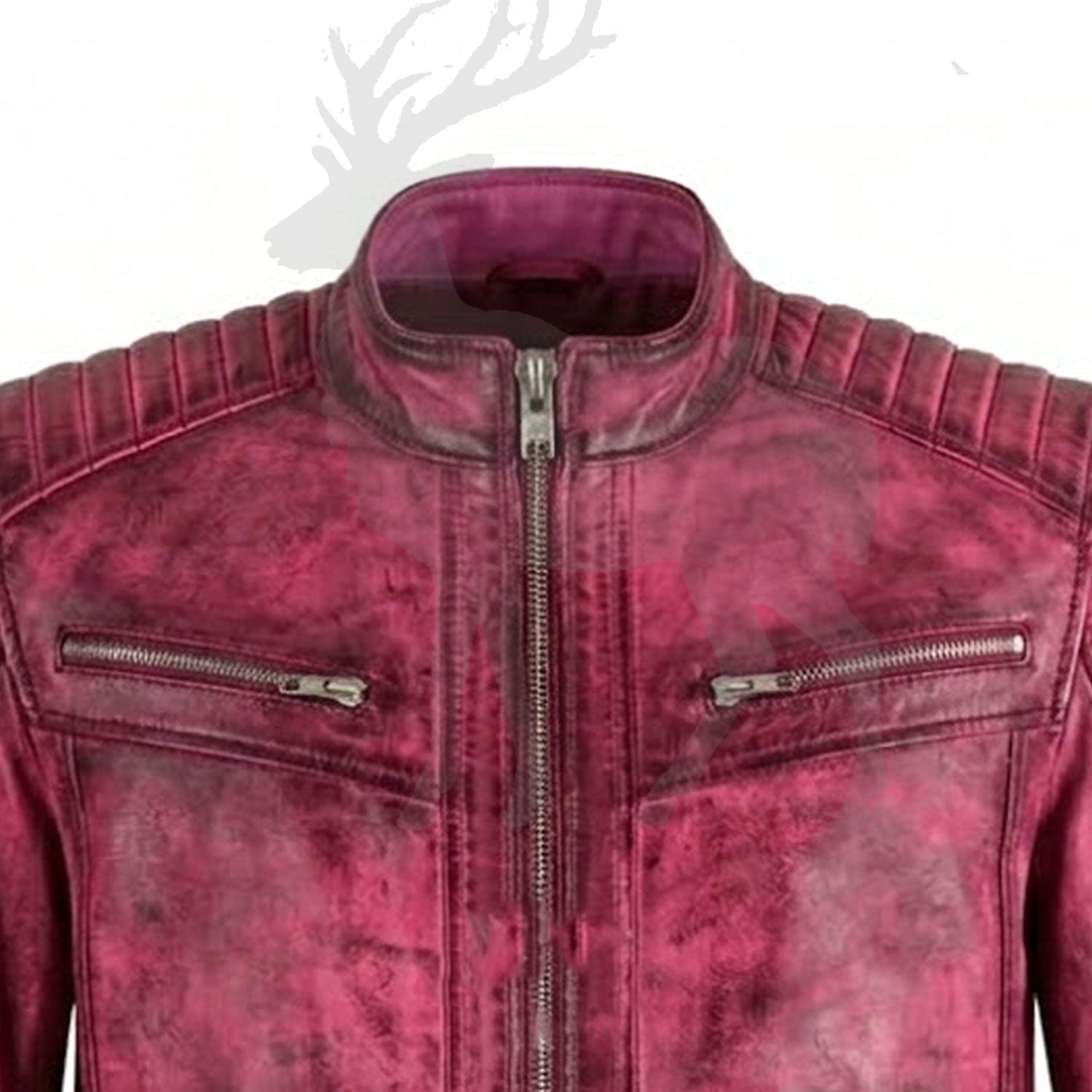 Close up stand collar of red distressed leather biker jacket snap button detail rugged vintage leather texture premium stitching