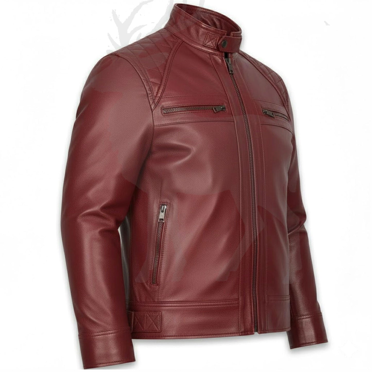 Men’s red leather jacket side view slim fit biker cut modern design structured fit premium leather outerwear