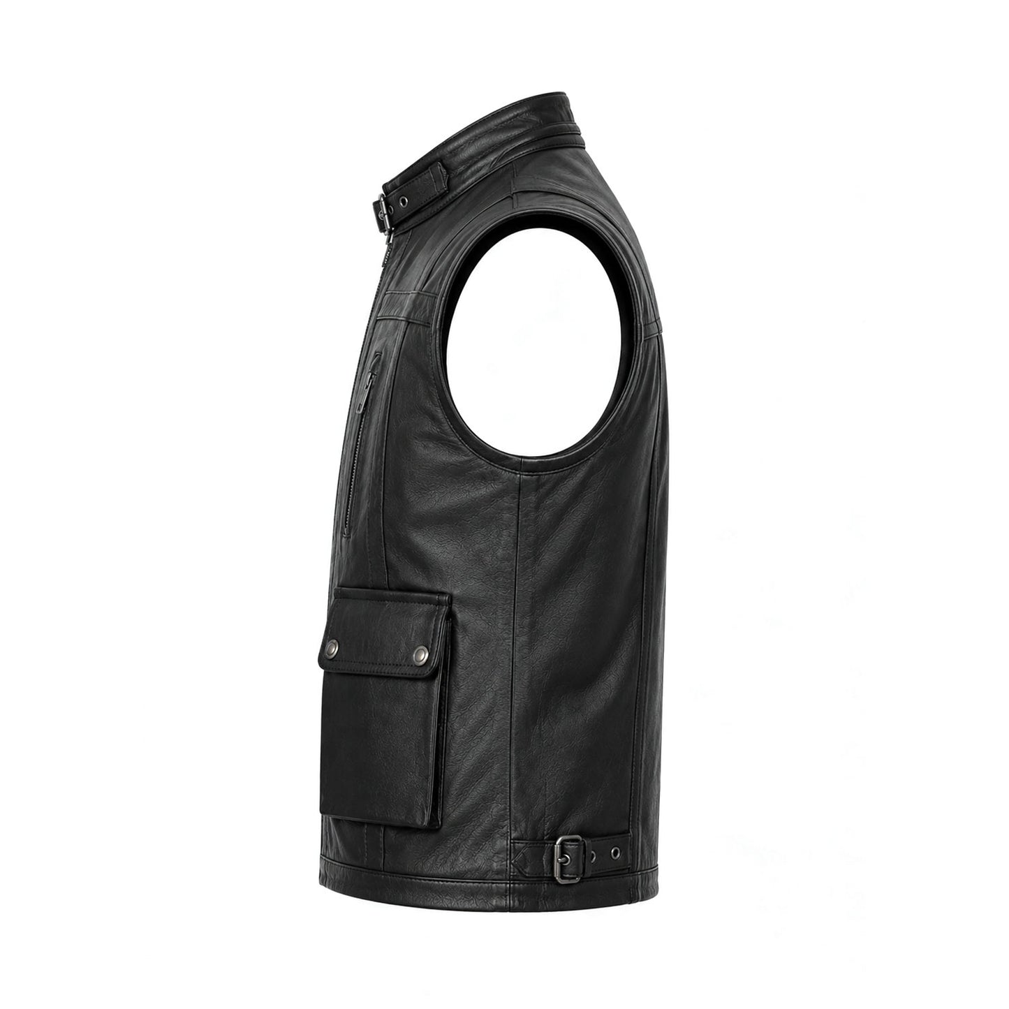 Black utility vest buckle collar close-up