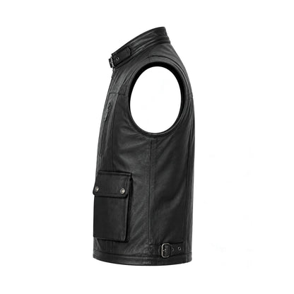 Black utility vest buckle collar close-up