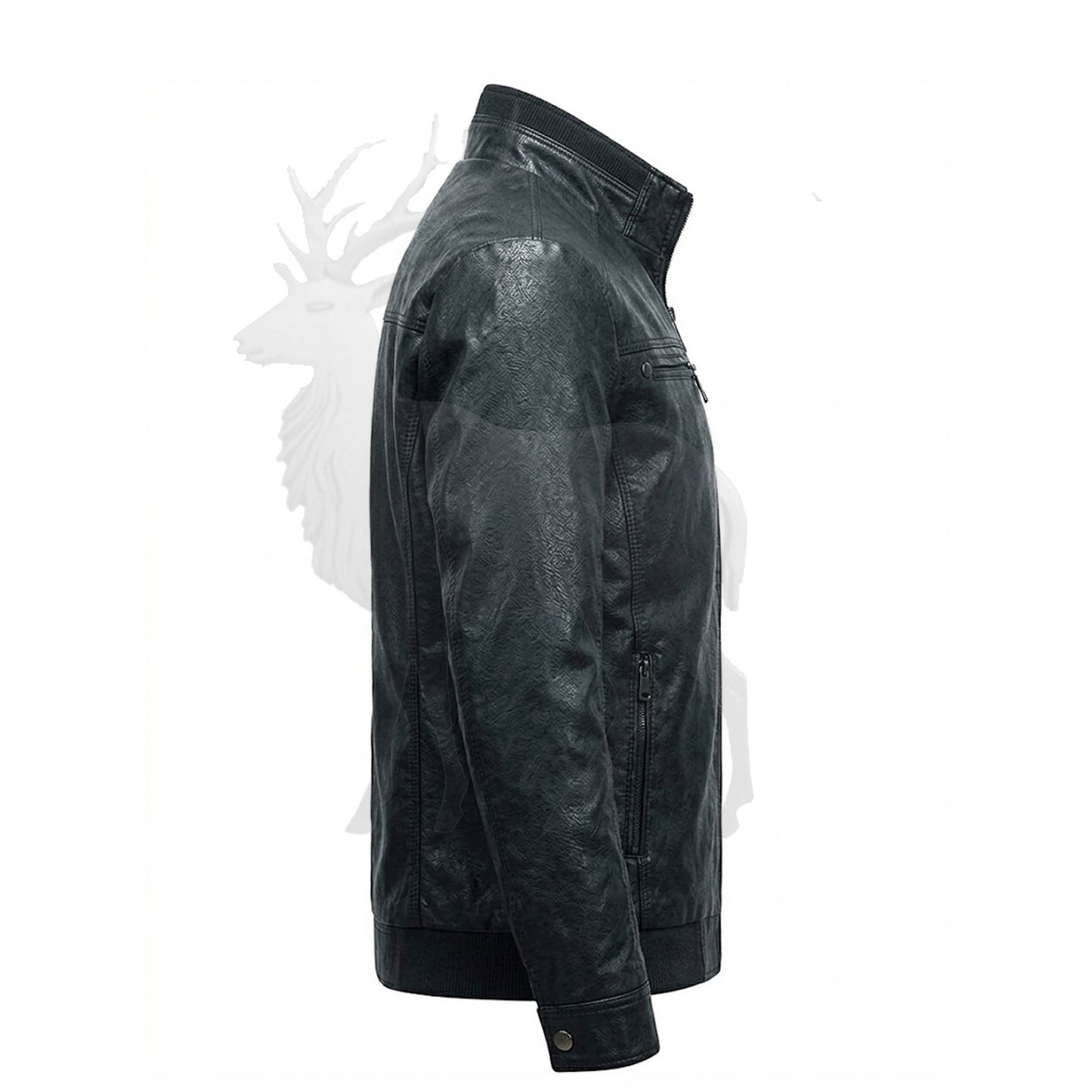 Men’s black leather jacket side view fitted moto style modern streamlined design genuine leather streetwear jacket