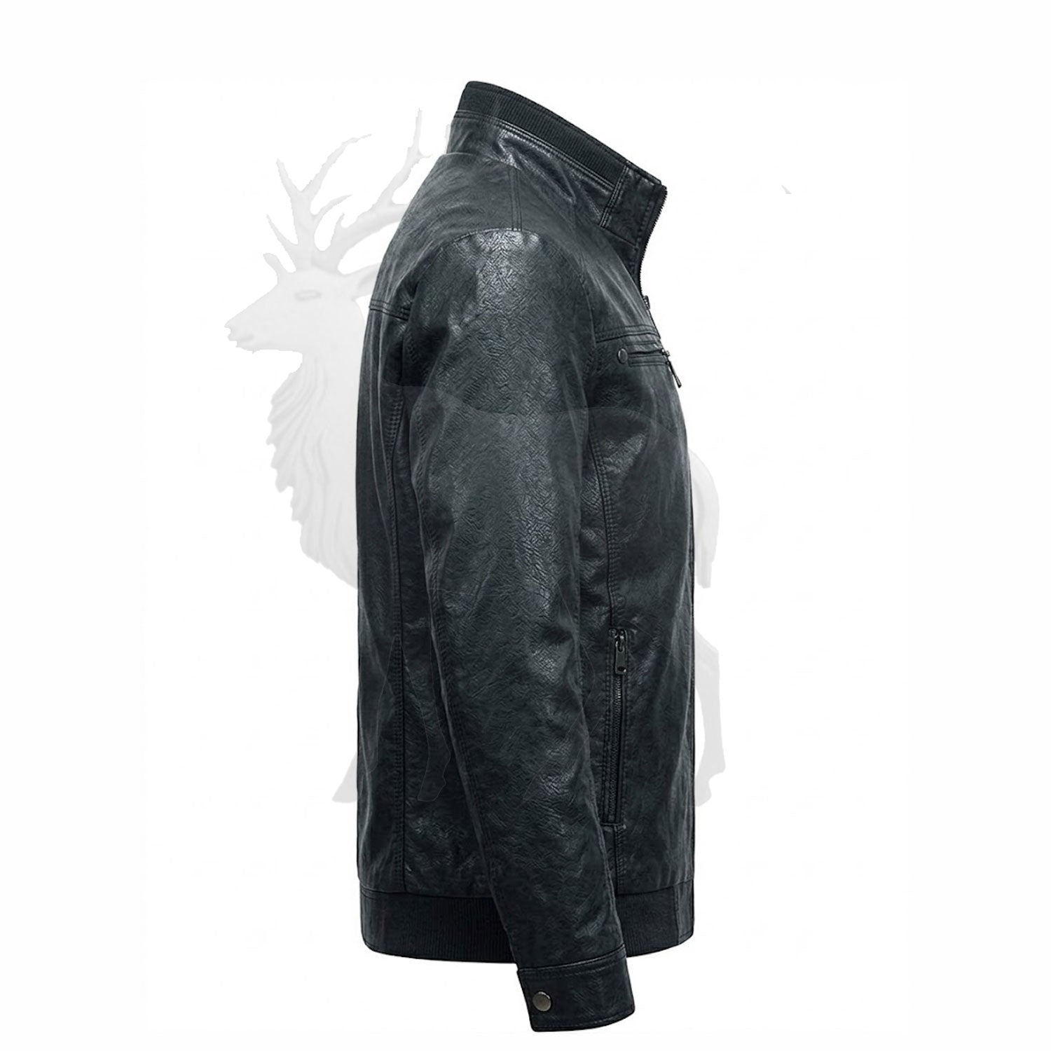Men’s black leather jacket side view fitted moto style modern streamlined design genuine leather streetwear jacket