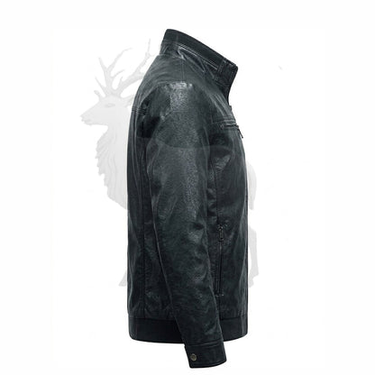 Men’s black leather jacket side view fitted moto style modern streamlined design genuine leather streetwear jacket