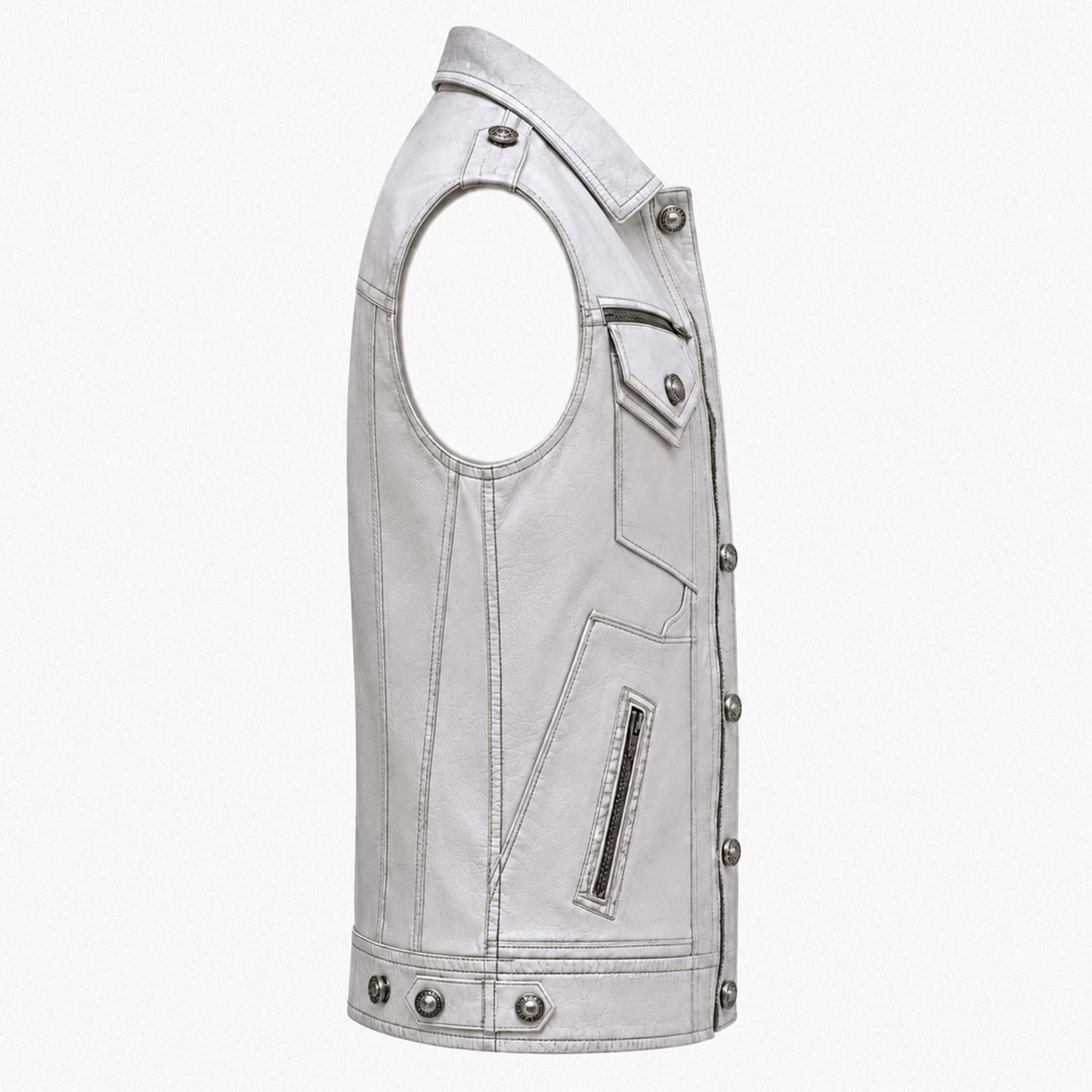 Ice white leather vest utility pockets close-up