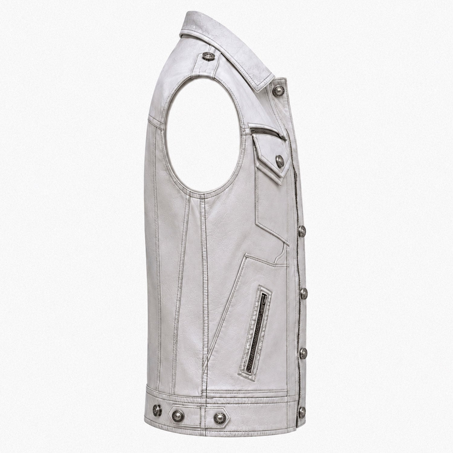 Ice white leather vest utility pockets close-up