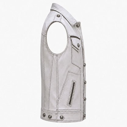 Ice white leather vest utility pockets close-up
