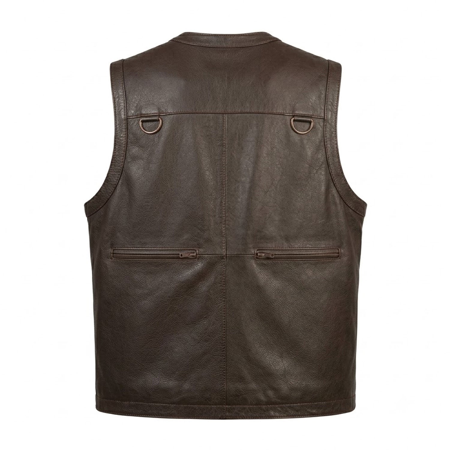 2. Dark brown utility vest zipper pockets detail
