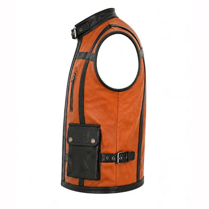 Cognac utility vest zip and flap pockets