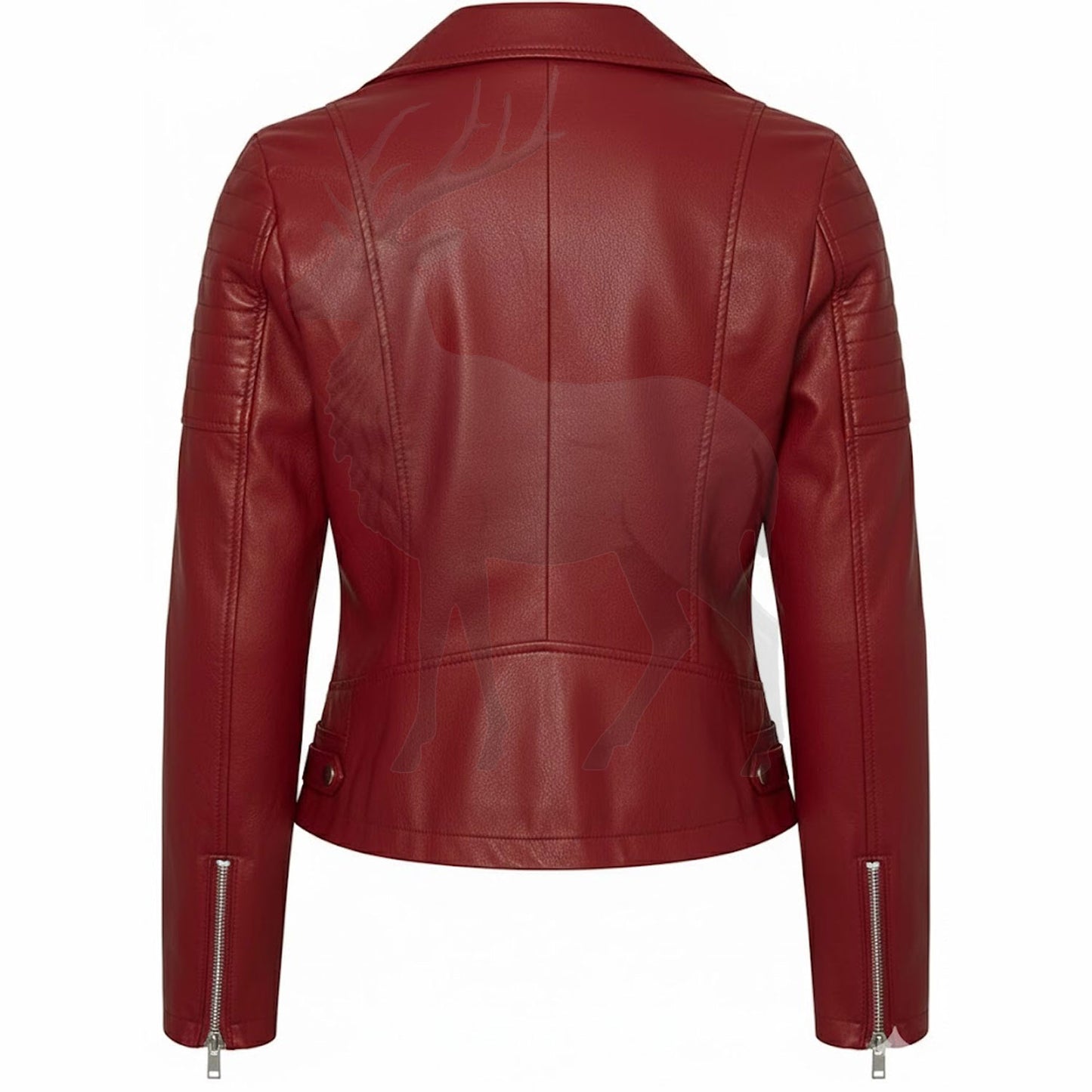 Women’s red leather biker jacket back view cropped silhouette quilted shoulder detail slim fit fashion outerwear