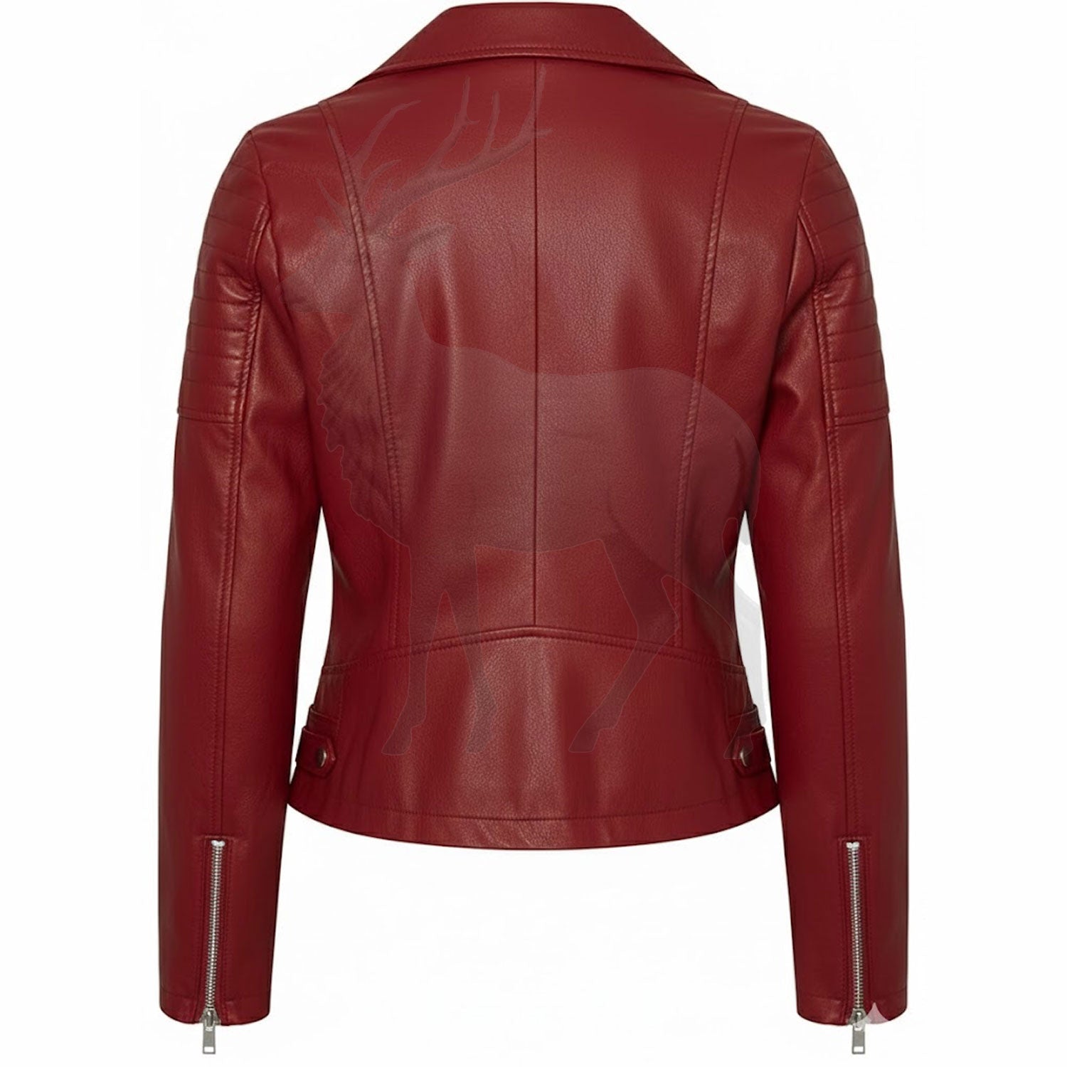 Women’s red leather biker jacket back view cropped silhouette quilted shoulder detail slim fit fashion outerwear
