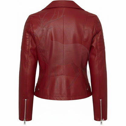 Women’s red leather biker jacket back view cropped silhouette quilted shoulder detail slim fit fashion outerwear