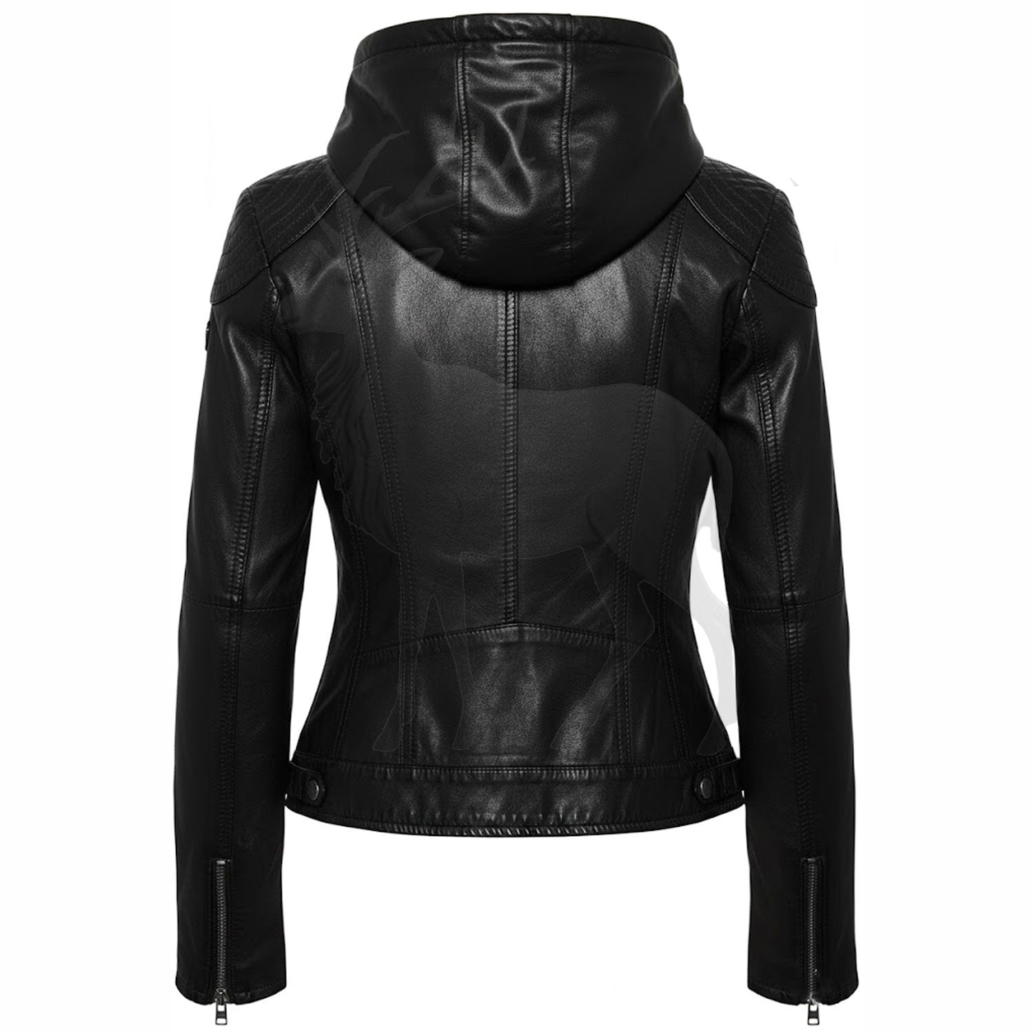 Women’s black leather jacket back view hooded design slim fit cropped silhouette quilted shoulder detail streetwear style