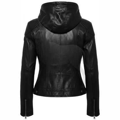 Women’s black leather jacket back view hooded design slim fit cropped silhouette quilted shoulder detail streetwear style