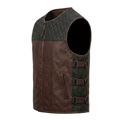 Brown leather vest adjustable side buckle strap