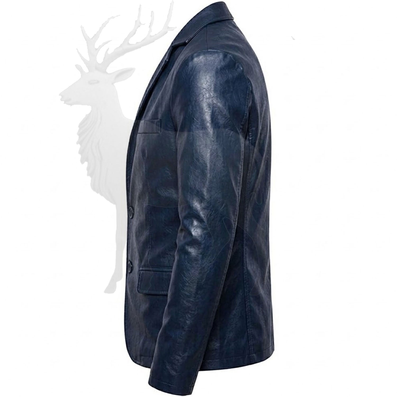 Men’s navy blue leather blazer side view fitted structure modern formal casual style genuine leather outerwear