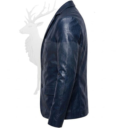 Men’s navy blue leather blazer side view fitted structure modern formal casual style genuine leather outerwear
