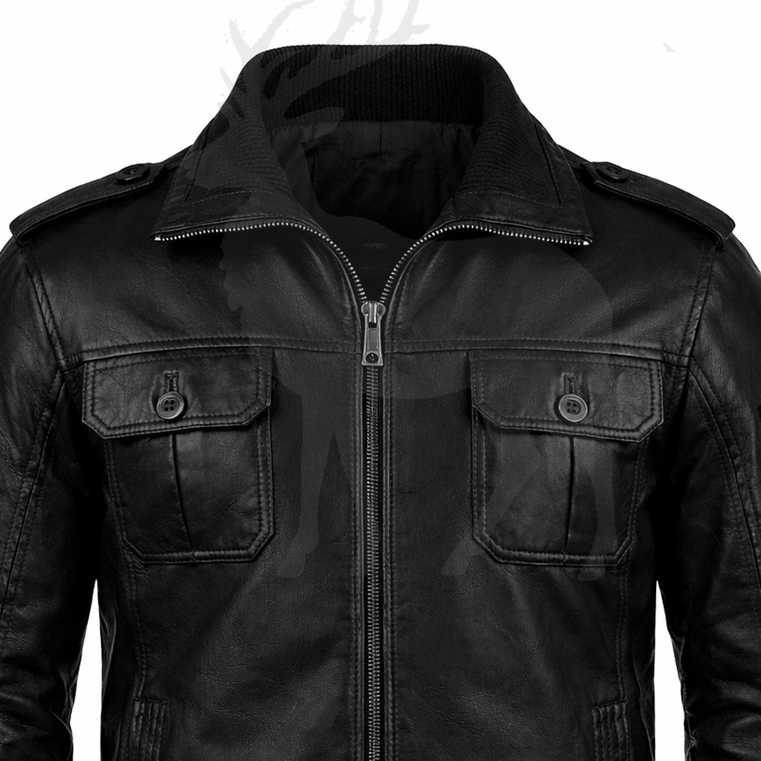 Close up collar detail on men’s black leather bomber jacket premium leather finish ribbed inner collar stitching