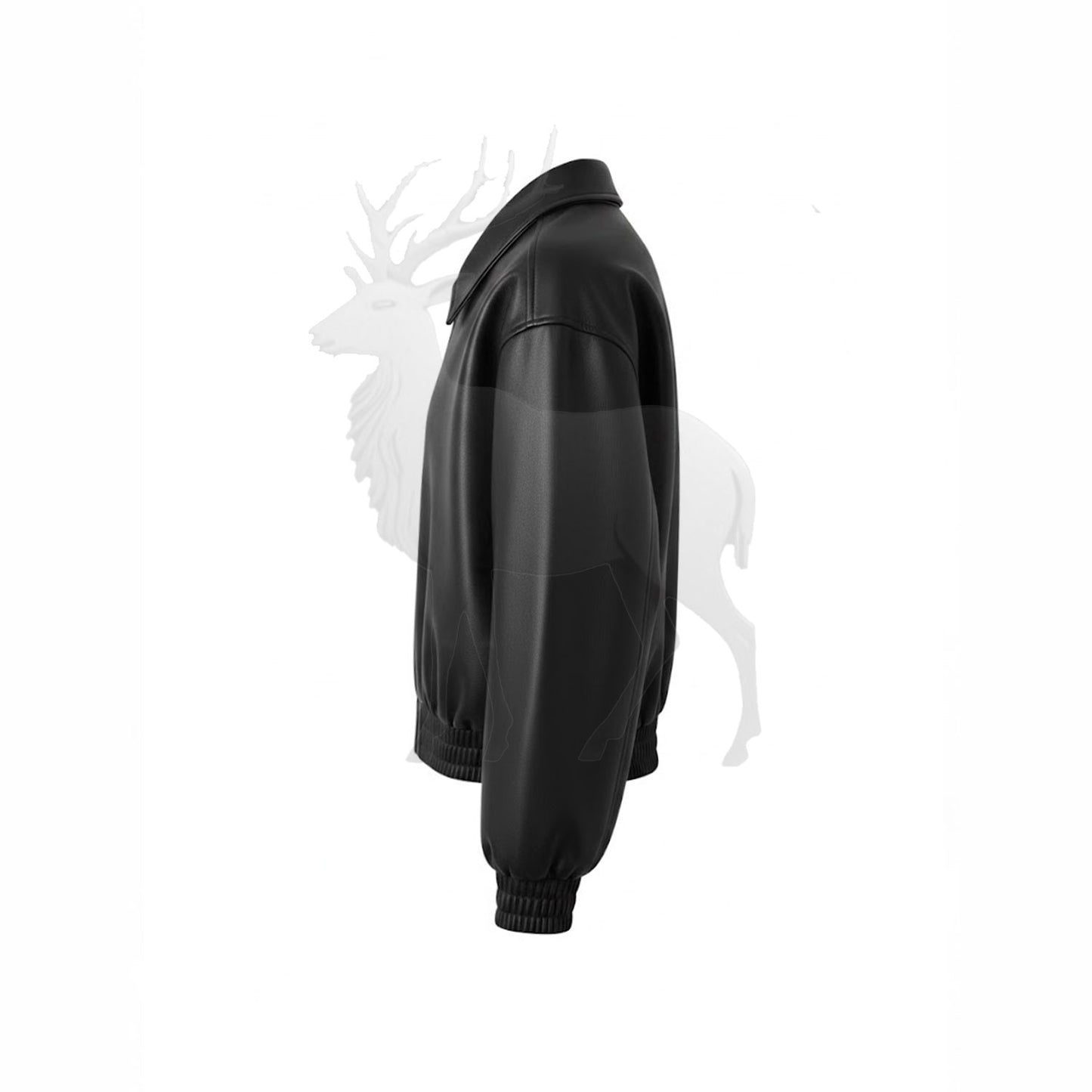 Women’s black cowhide leather bomber jacket side view cropped fit zip closure modern streetwear fashion design