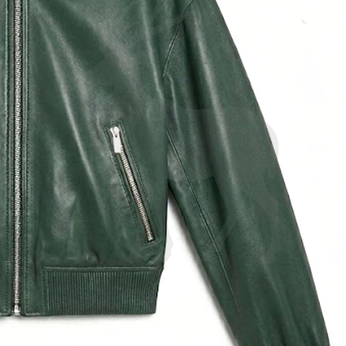 Close up angled zip pocket detail on green leather bomber jacket minimalist design premium stitching functional streetwear leather outerwear unisex fit