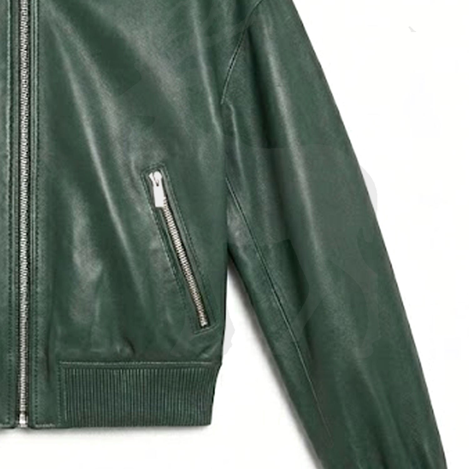 Close up angled zip pocket detail on green leather bomber jacket minimalist design premium stitching functional streetwear leather outerwear unisex fit