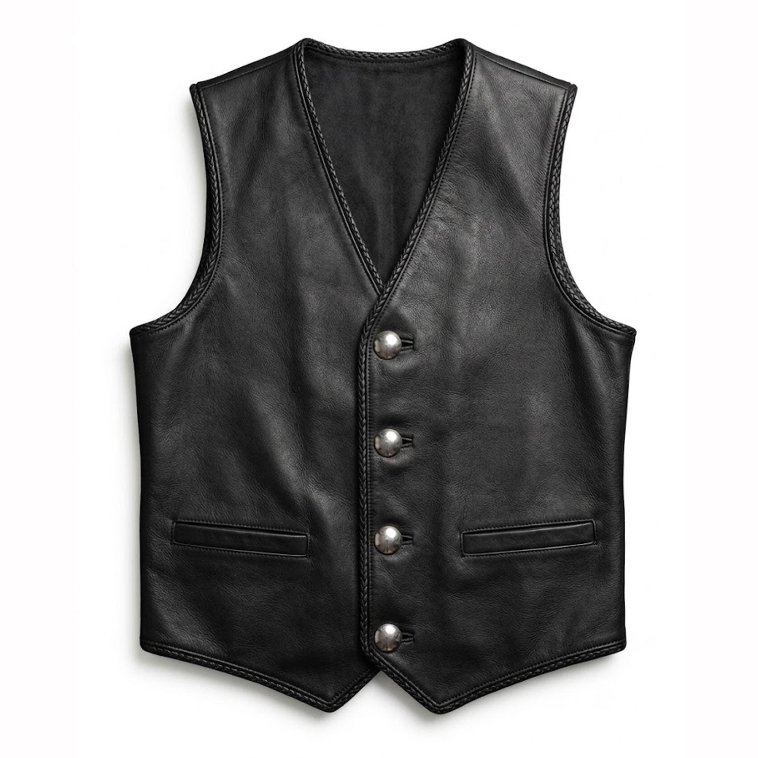 Black formal vest braided side panel detail