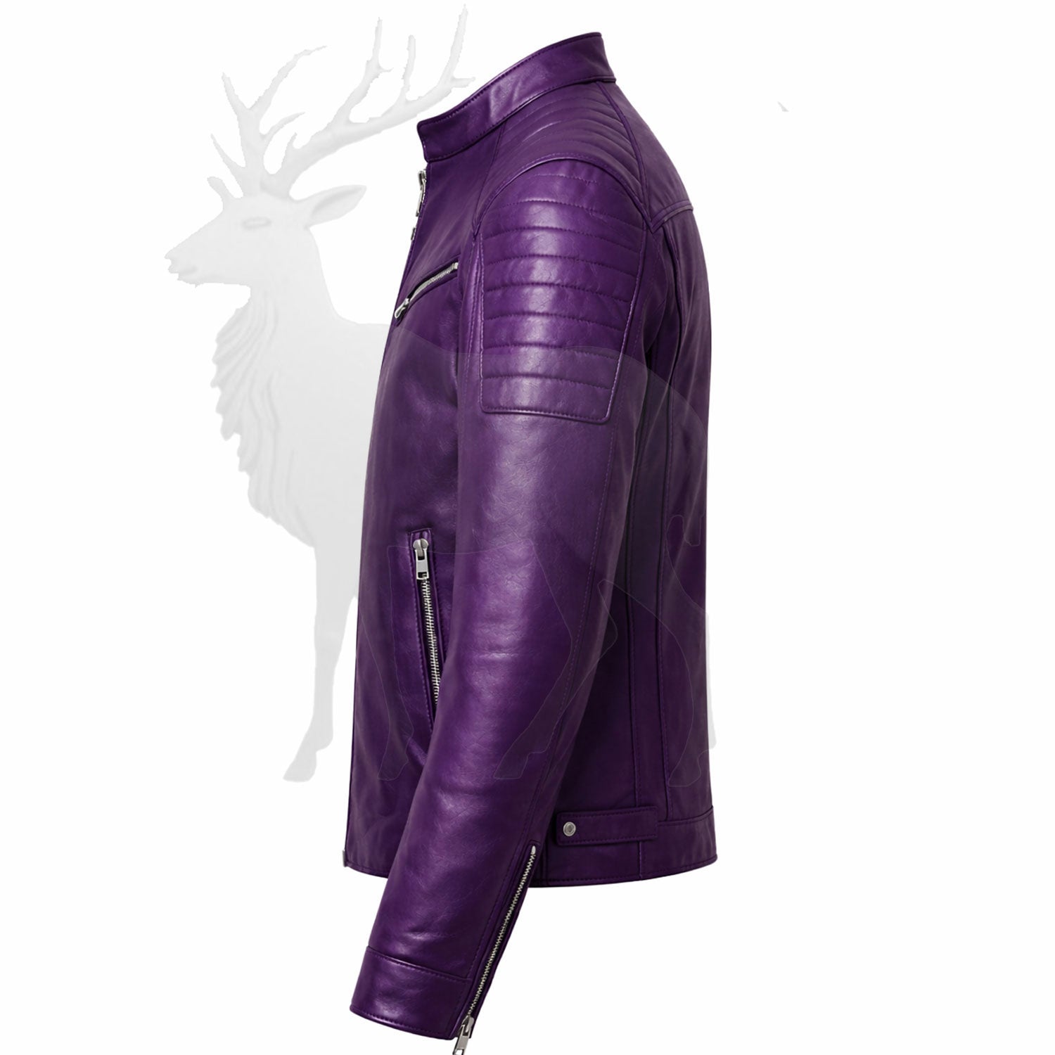 Women’s purple leather jacket side view fitted moto design zip closure stylish streetwear leather jacket for women