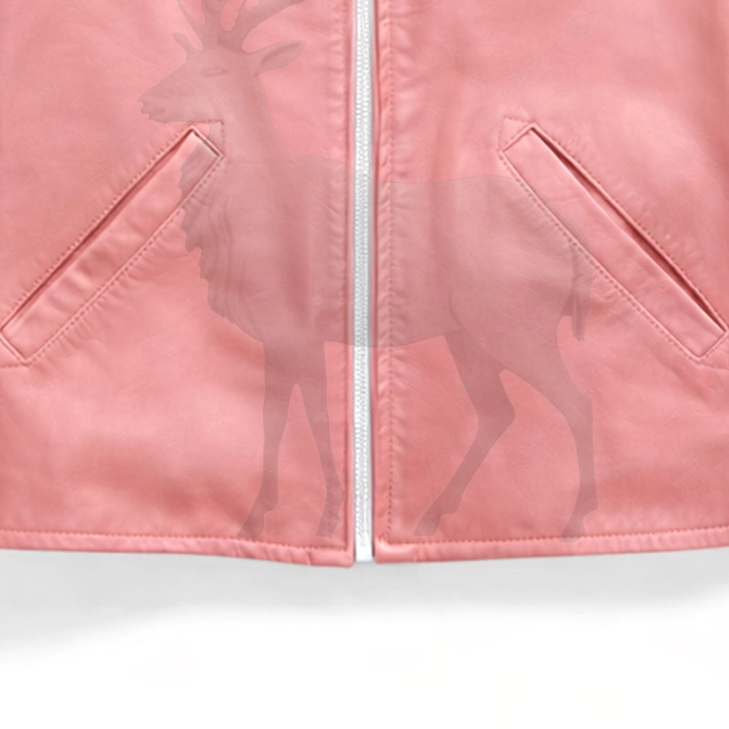 Close up lower zipper detail on women’s pink leather jacket premium metal zip smooth leather finish vintage biker style