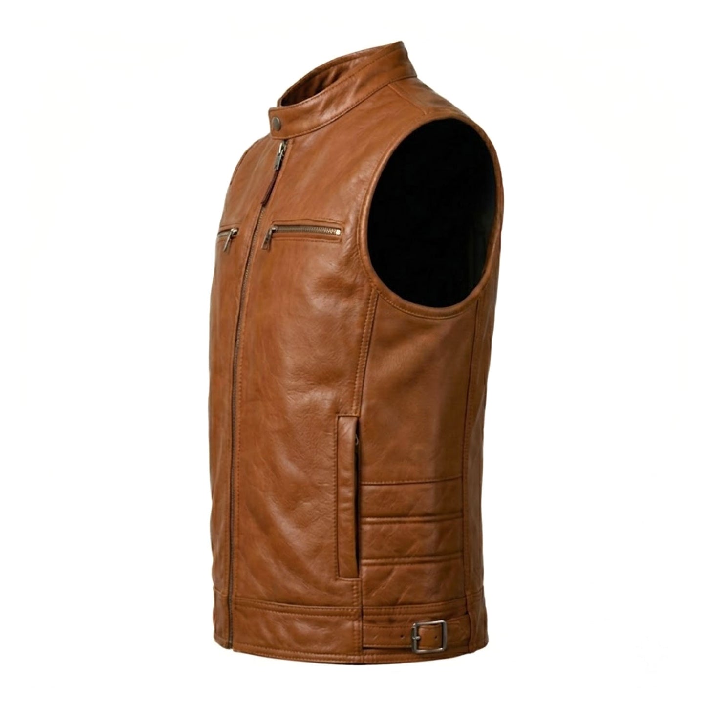 Brown biker vest zippered pocket close-up