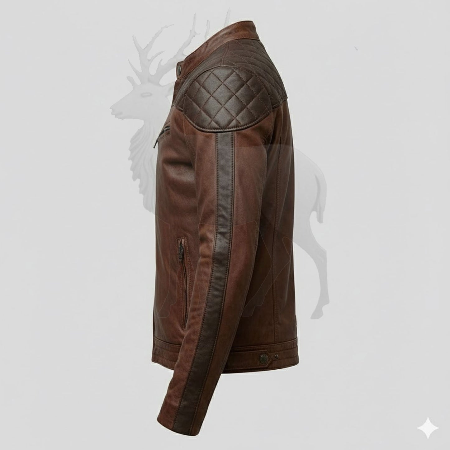 Men’s brown leather biker jacket side view slim fit motorcycle jacket genuine leather cafe racer fashion design