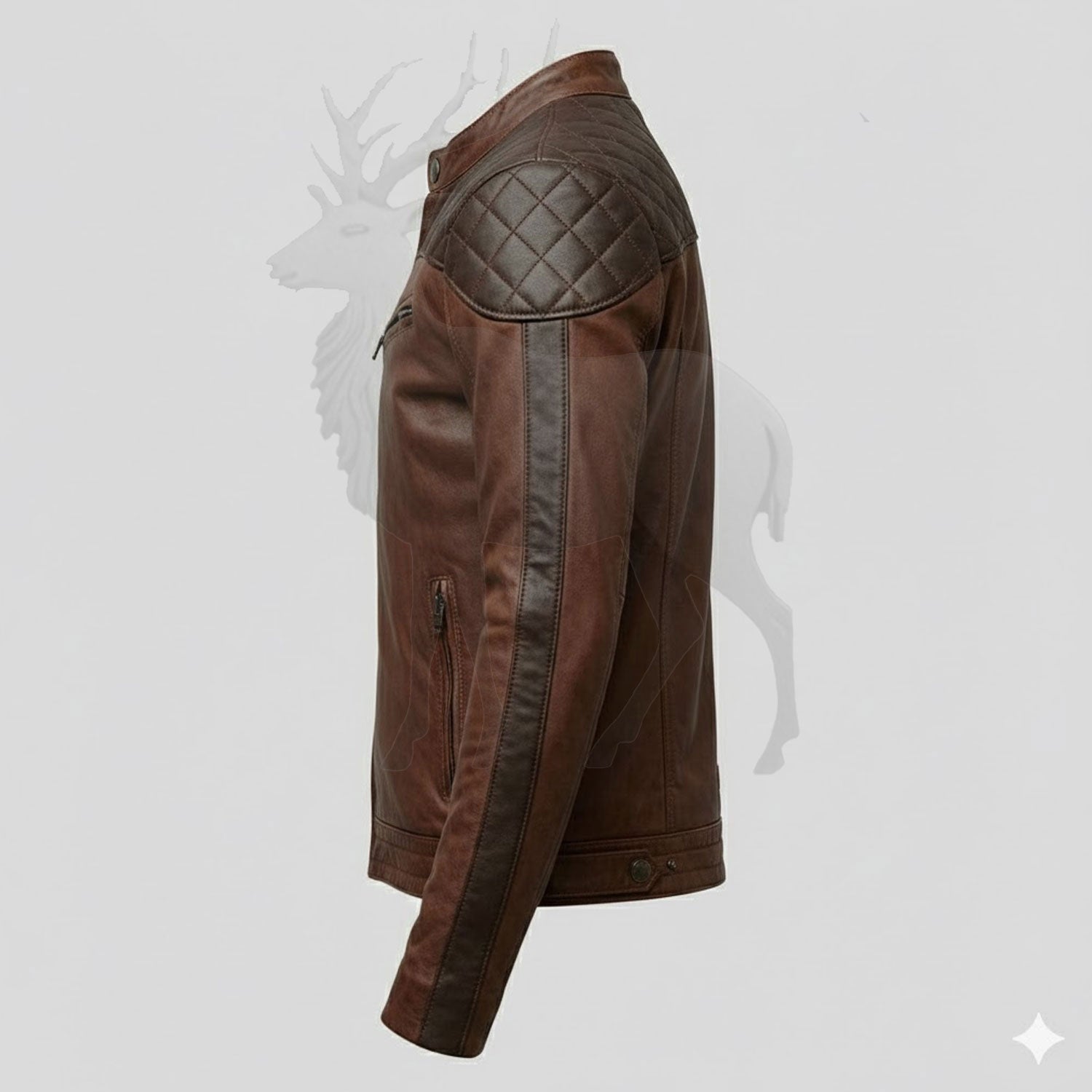 Men’s brown leather biker jacket side view slim fit motorcycle jacket genuine leather cafe racer fashion design