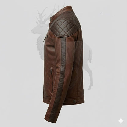 Men’s brown leather biker jacket side view slim fit motorcycle jacket genuine leather cafe racer fashion design