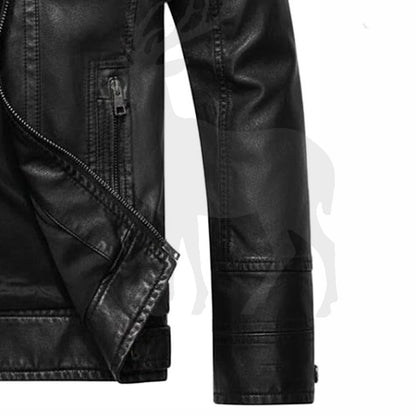 Close up sleeve cuff black leather jacket biker style fitted sleeve detailed stitching genuine leather premium finish