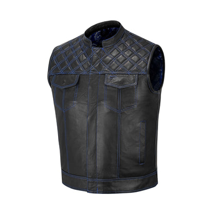 Diamond stitching pattern on blue leather biker vest
