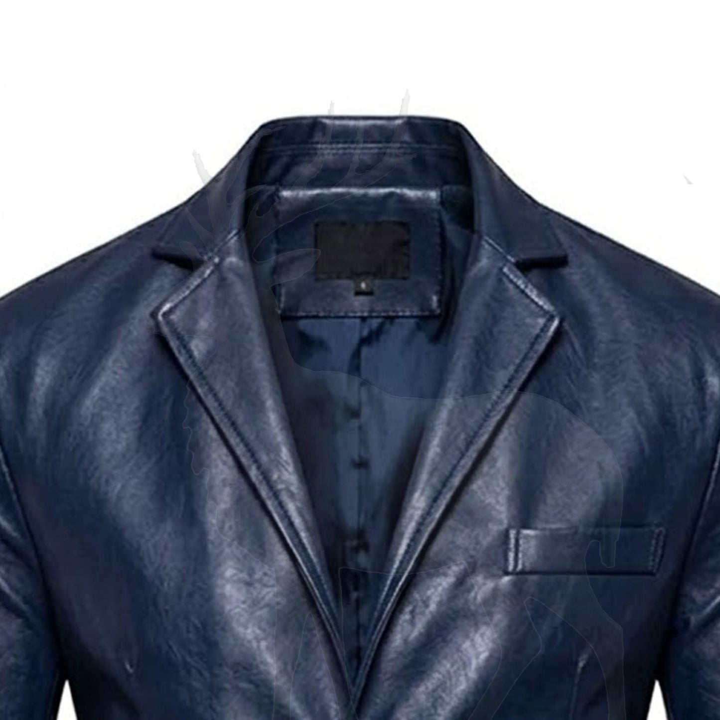 Close up notch lapel collar on men’s navy blue leather blazer premium stitching genuine leather formal design
