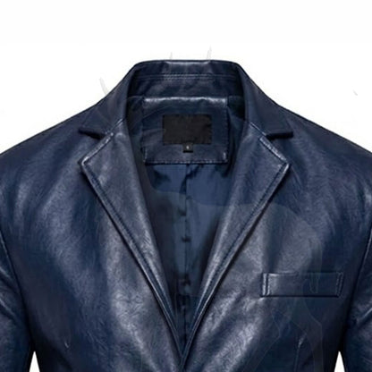 Close up notch lapel collar on men’s navy blue leather blazer premium stitching genuine leather formal design