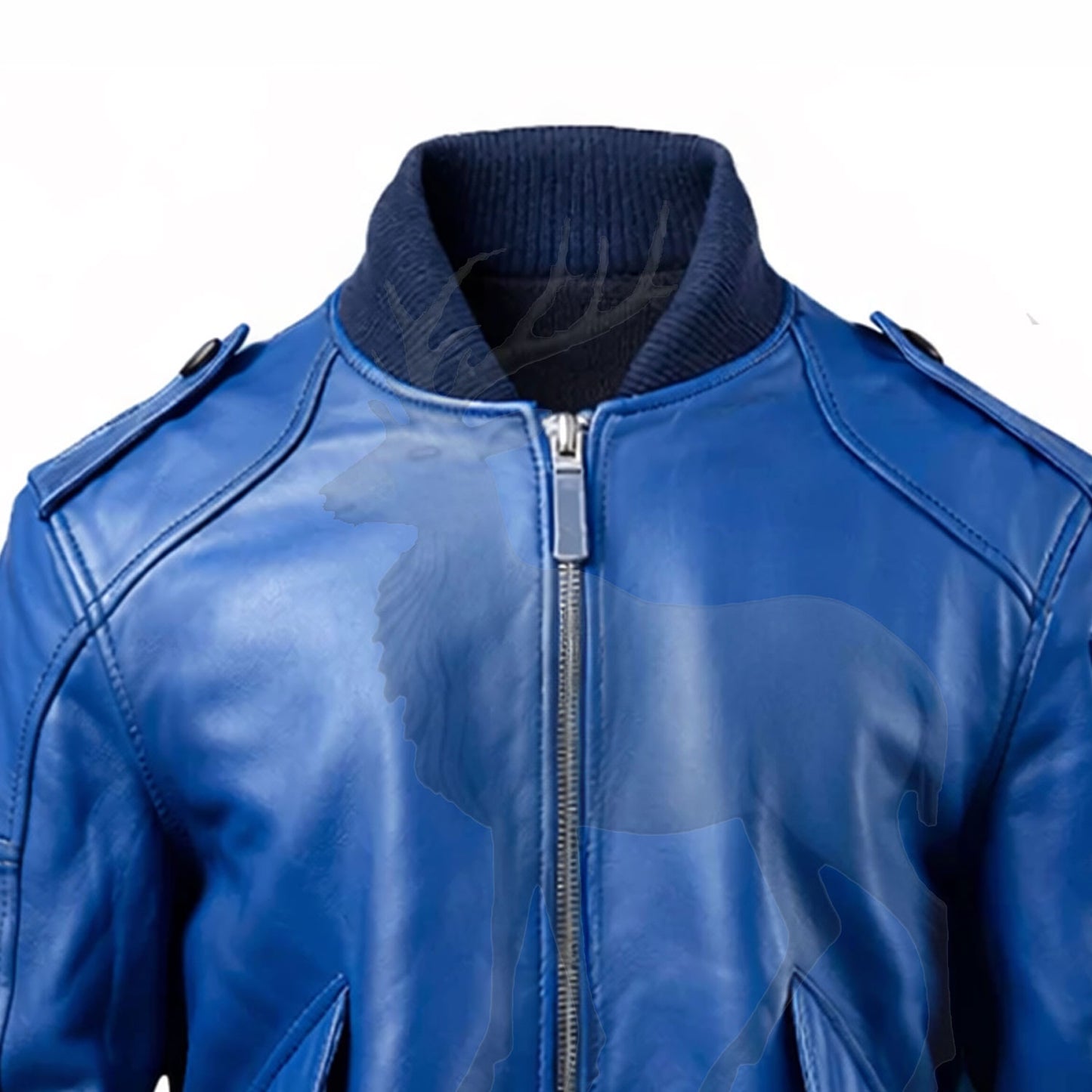 Close up ribbed collar on men’s blue leather bomber jacket aviator inspired neckline premium stitching detail