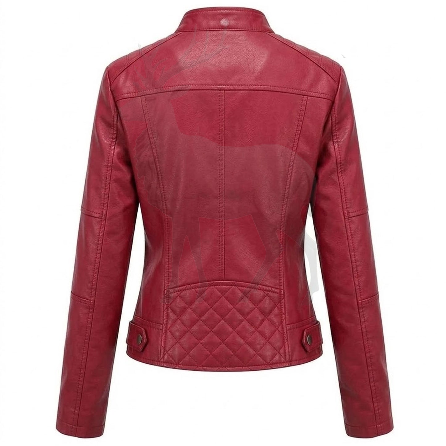 Women’s red leather jacket back view slim tailored silhouette clean minimalist design premium leather fashion outerwear