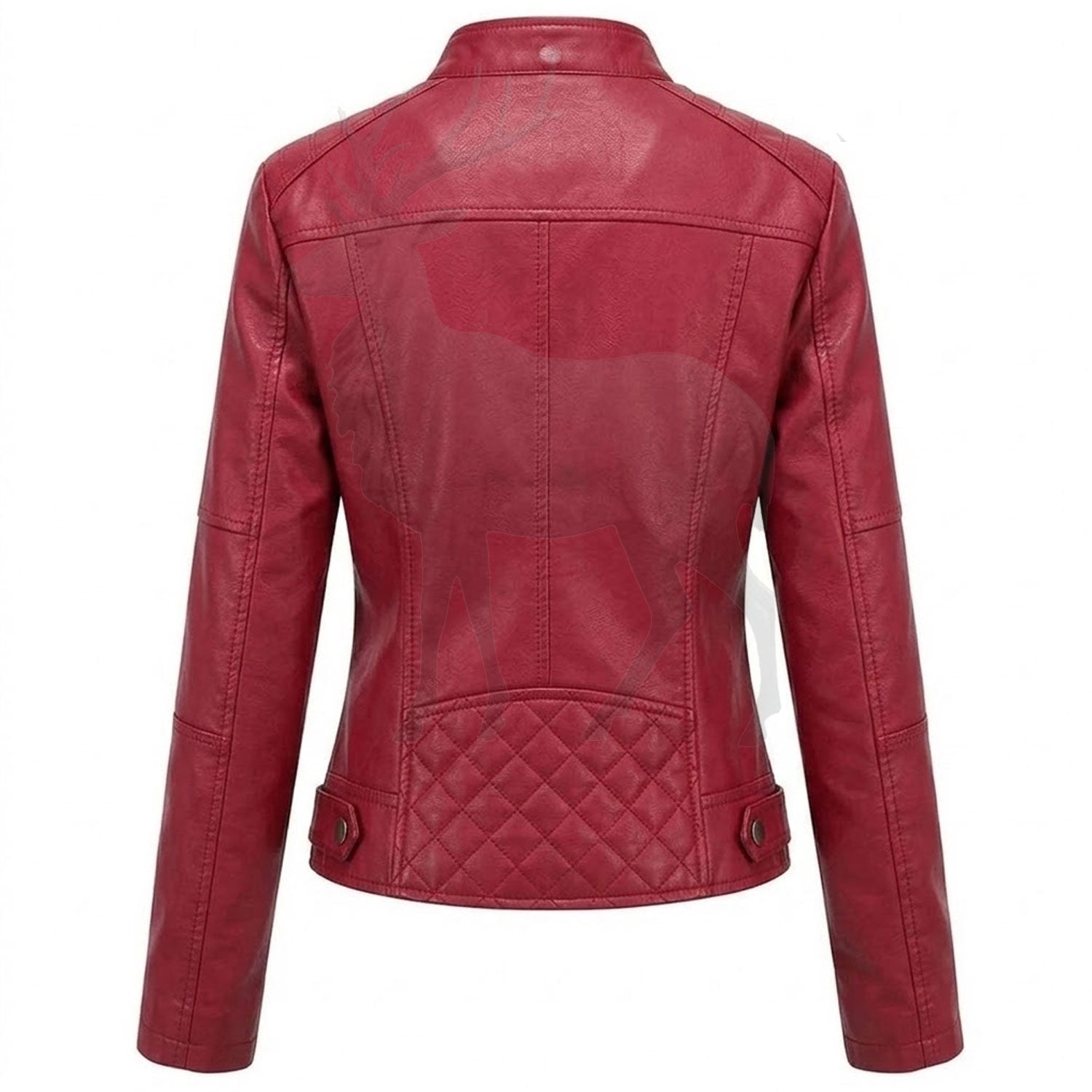 Women’s red leather jacket back view slim tailored silhouette clean minimalist design premium leather fashion outerwear