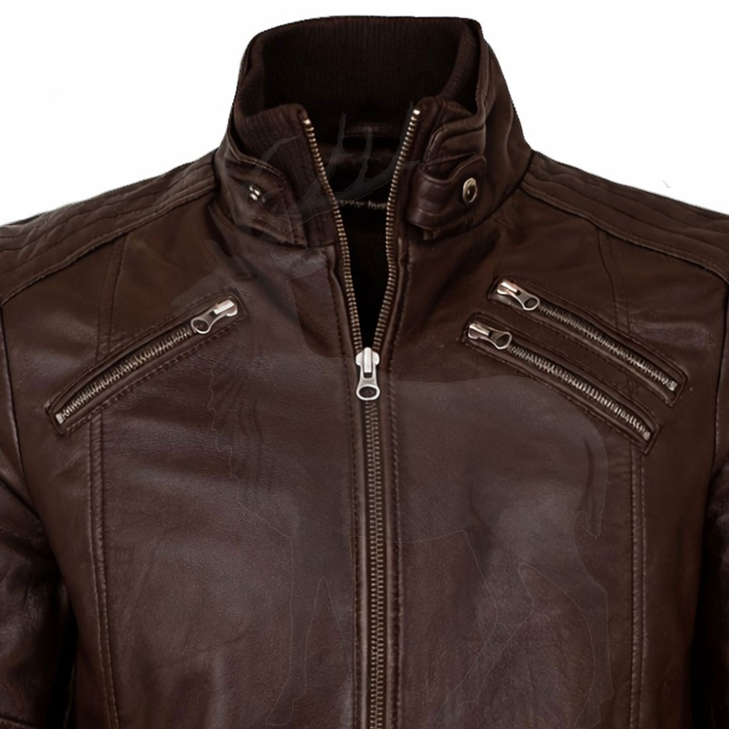 Close up stand collar detail on men’s brown leather bomber jacket snap button closure premium genuine leather finish