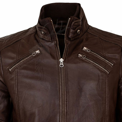Close up stand collar detail on men’s brown leather bomber jacket snap button closure premium genuine leather finish