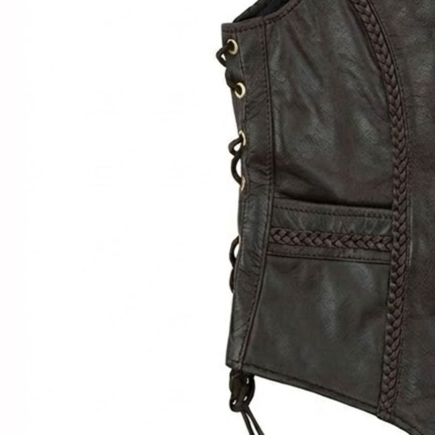 Dark brown leather vest full body view on model