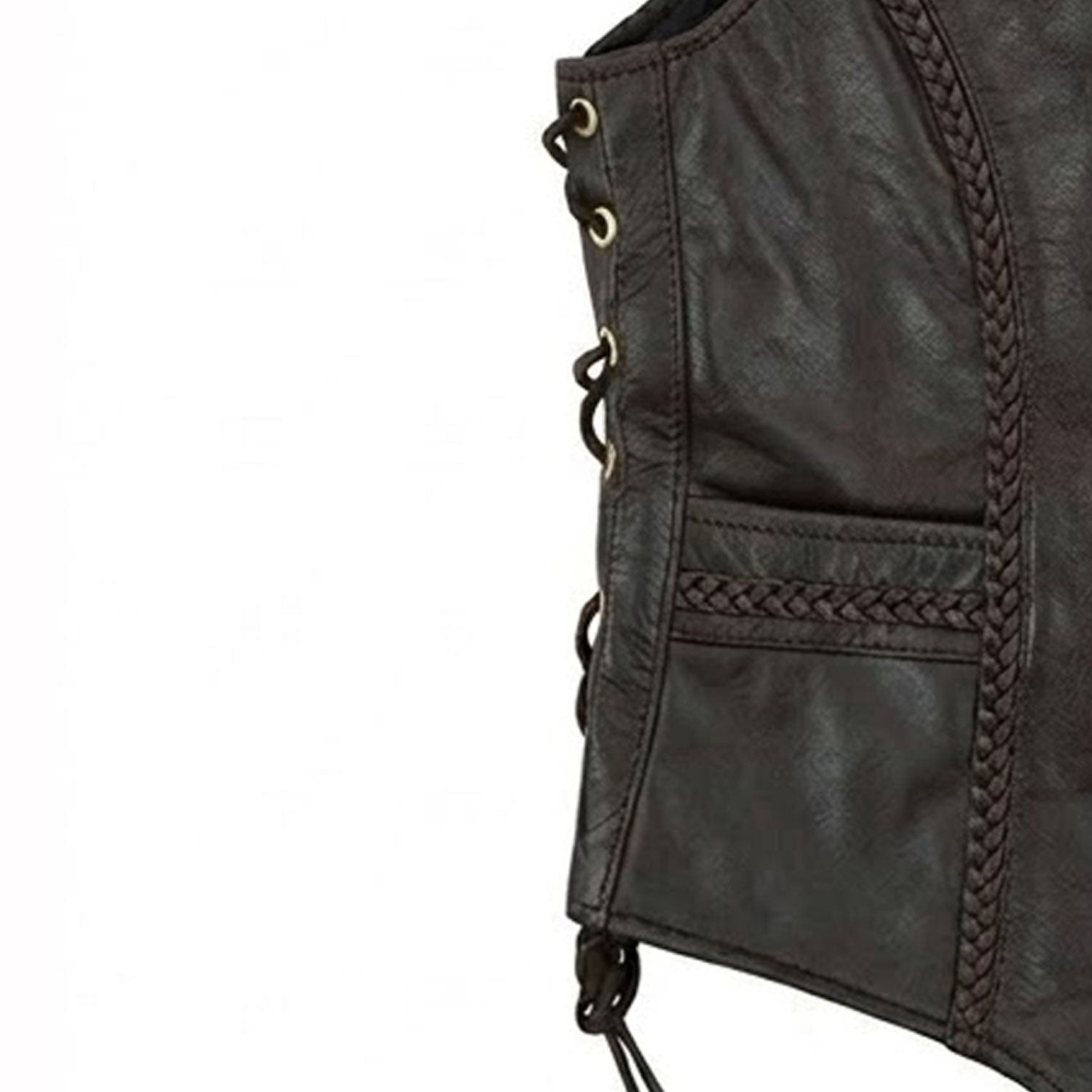 Dark brown leather vest full body view on model