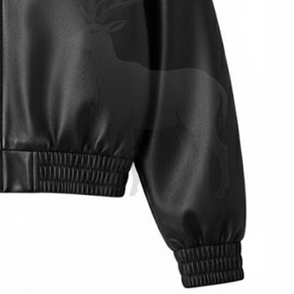 Close up sleeve detail on women’s black cowhide leather jacket smooth genuine leather texture and premium craftsmanship